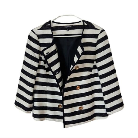 Jones New York Signature Navy White Stripe Double Breasted Cropped Blazer 12 - Picture 5 of 11